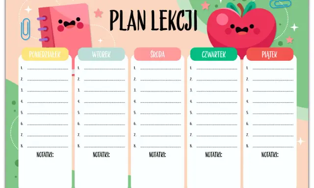 Uroczy konspekt lekcji z zabawnymi ikonami. Plan tygodnia od poniedziałku do piątku, z miejscem na 8 lekcji i notatki.