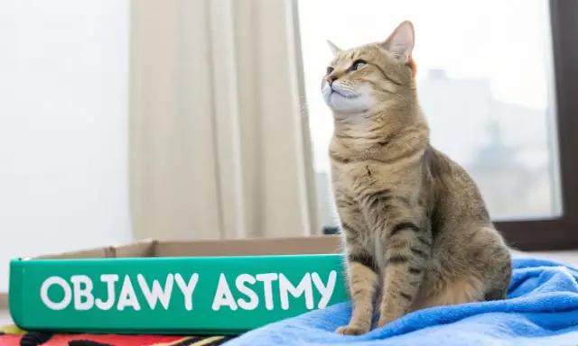 Kot siedzi obok kuwety z napisem "Objawy astmy".