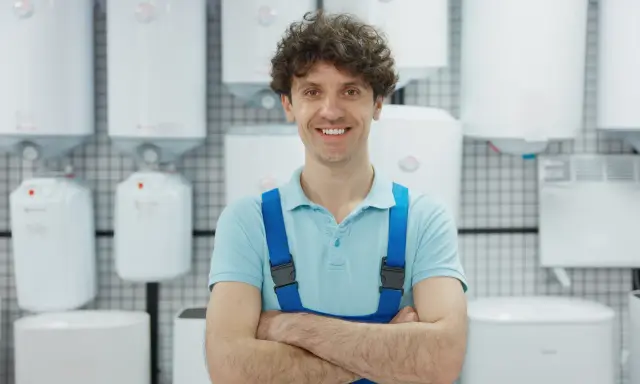 Un homme souriant en salopette bleue, entouré de chauffe-eau blancs, prêt à vous aider à choisir son chauffe eau.