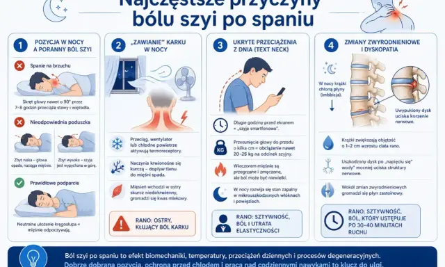 Ból szyi po spaniu: zła pozycja, przeciągi, "szyja smartfonowa" i zmiany zwyrodnieniowe to główne przyczyny.