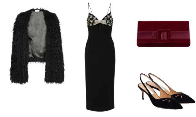 Tubino nero con dettagli gioiello, pochette bordeaux e scarpe basse eleganti. Un outfit perfetto per una serata speciale.