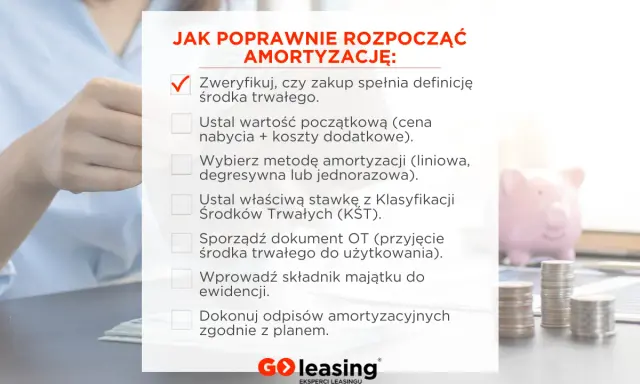 Jak rozpocząć amortyzację? Sprawdź definicję środka trwałego, ustal jego wartość początkową (od jakiej kwoty liczymy), wybierz metodę i stawkę amortyzacji.