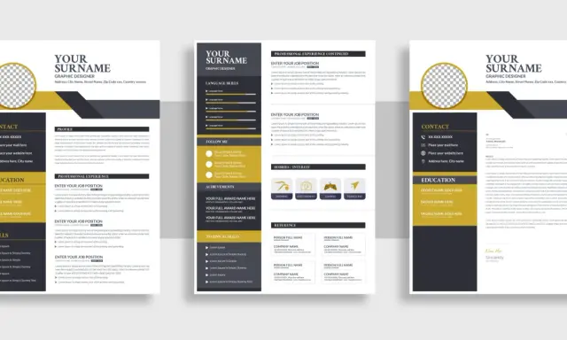 Szablony CV z sekcjami: dane kontaktowe, profil, wykształcenie, doświadczenie, umiejętności, zainteresowania.