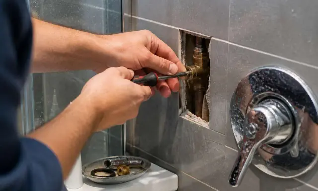 Main tenant utilise un tournevis pour installer une colonne de douche. Les tuyaux en laiton sont visibles dans le mur.