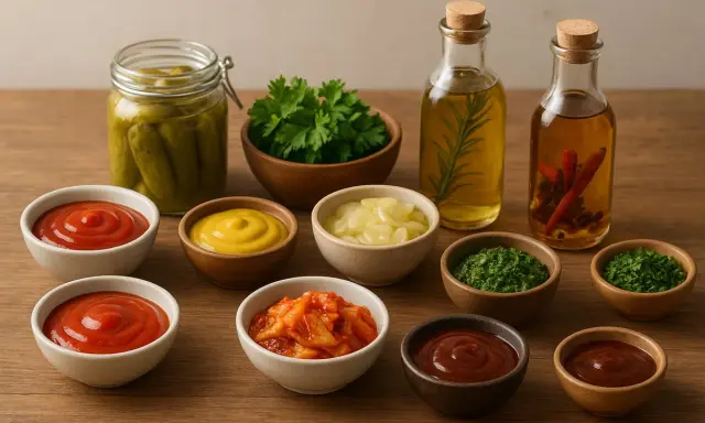 Assortiment de sauces et condiments : ketchup, moutarde, cornichons, herbes, huiles aromatisées. Les 10 sauces les plus utilisés pour accompagner vos plats.