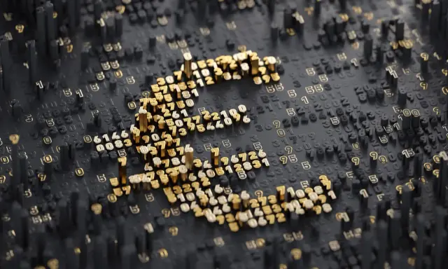 Złoty symbol euro wyrasta z cyfrowego krajobrazu liczb, symbolizując potęgę pieniądza cyfrowego.