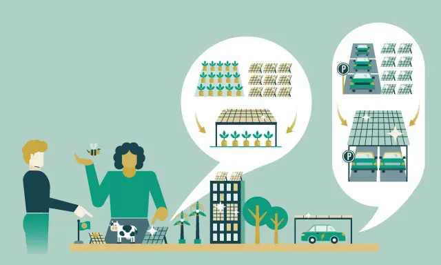 Menschen und Bienen arbeiten zusammen, um klimawandel entgegenwirken. Solarenergie, Elektroautos und nachhaltige Landwirtschaft sind Teil der Lösung.
