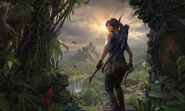 Lara Croft w dżungli, przed starożytną piramidą. To jedna z fajniejszych gier świata, pełna przygód i tajemnic.