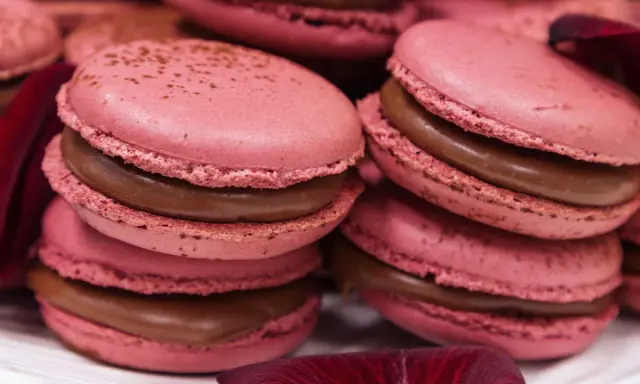 Macarons roses à la ganache chocolat, parfaits pour une recette ganache framboise macaron. Pétales de rose sombres ajoutent une touche élégante.