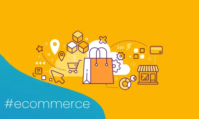 Grafika ilustruje procesy e-commerce, od lokalizacji po płatność, z naciskiem na up selling i budowanie relacji z klientem.