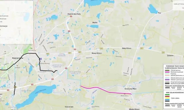 Mapa Pomorskich Tras Rowerowych (PTR) i Subregionalnej Trasy Rowerowej (STR) z zaznaczonymi odcinkami gotowymi i planowanymi. Widoczna Kościerzyna i okolice.