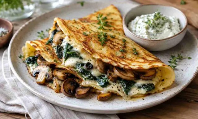 Herzhafte Pfannkuchen gefüllt mit Spinat und Pilzen, überbacken mit Käse, serviert mit Kräuterquark.