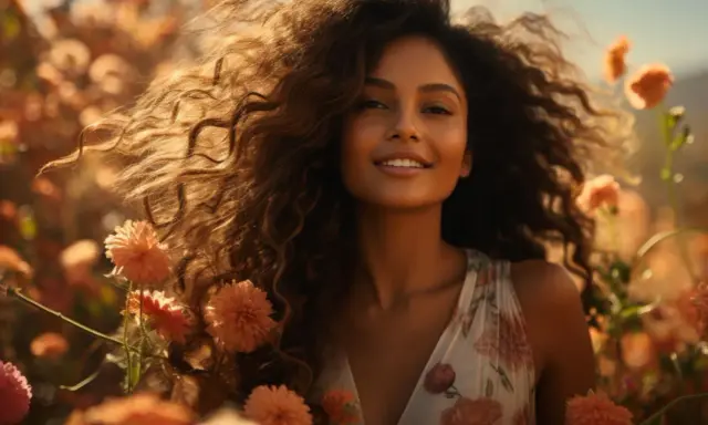 Une jeune femme souriante, entourée de fleurs orangées, ses **cheveux épais** ondulant au vent.