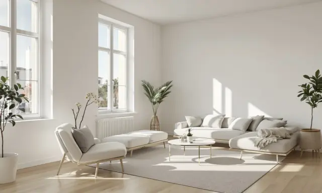 Un salon lumineux et aéré, typique d'un appartement traversant, avec un canapé modulable, un fauteuil, une table basse et des plantes vertes.