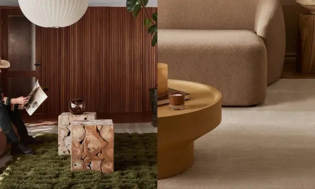 Man läser i en mysig lounge med en styla brun soffa, trädetaljer och gröna växter.