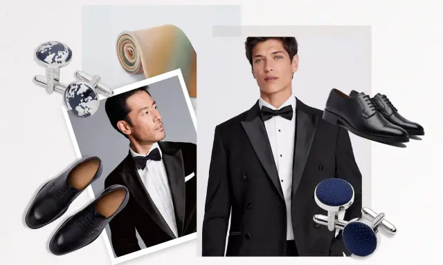 Black tie meaning: a formal ensemble featuring tuxedos, bow ties, dress shoes, and elegant cufflinks.