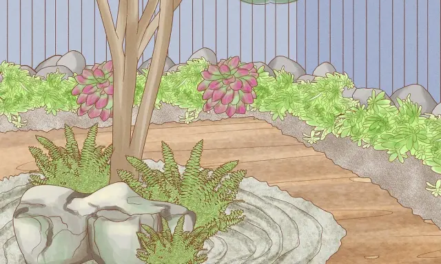 Un sereno jardín zen japonés con rocas, helechos y suculentas. El camino de madera serpentea entre la vegetación, invitando a la contemplación.