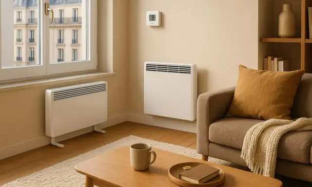 Deux radiateurs électriques modernes dans un salon cosy, offrant une solution d'économie de chauffage intelligente.