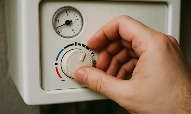 Dłoń reguluje pokrętło pieca gazowego, ustawiając optymalną temperaturę.