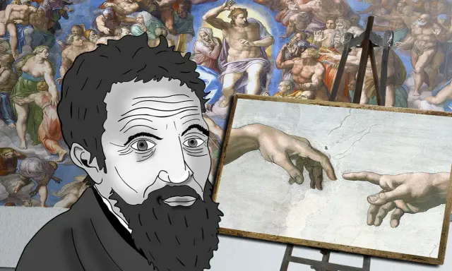 A stylized Michelangelo drawing gazes at his iconic fresco, "The Creation of Adam," a testament to his artistic genius.