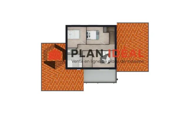 Vue aérienne d'un plan de maison 5 chambres, avec toiture en tuiles oranges et logo "PLAN IDEAL".