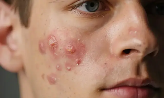 Gros plan sur le visage d'un jeune homme, montrant une irritation paupière et des lésions d'acné enflammées sur la joue.