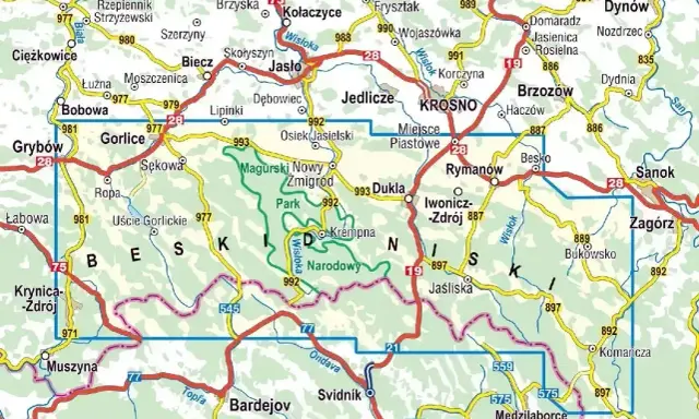 Mapa turystyczna z zaznaczonymi **beskid niski szczyty** i szlakami. Widoczne miejscowości: Gorlice, Krosno, Jasło, Dukla, Sanok.