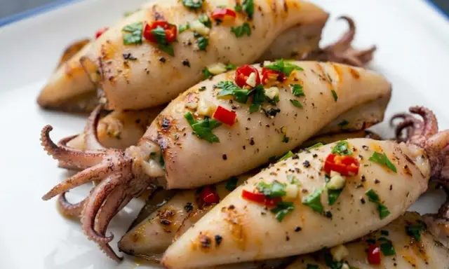 Gebratene, tiefgefrorene Calamari mit Chili und Petersilie aus der Pfanne, ein köstliches Gericht.