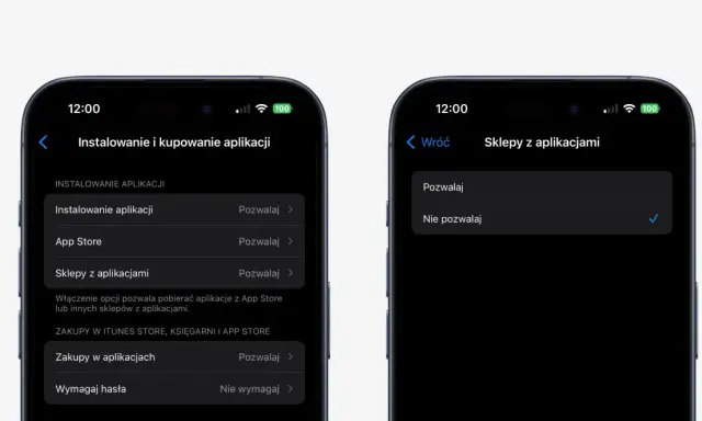 Ustawienia telefonu: instalowanie aplikacji z nieznanych źródeł. Wybór opcji "Pozwalaj" dla sklepów z aplikacjami.