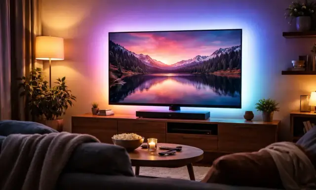 Relaks w salonie z kolorowymi lampami nad telewizorem, tworzącymi nastrojową atmosferę.