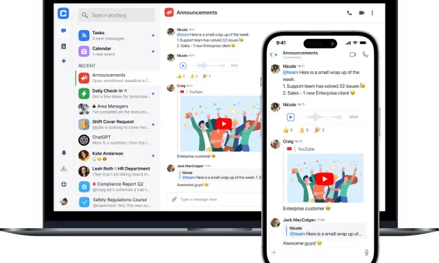 Comunicación en equipo: una pantalla muestra un chat de anuncios con mensajes, videos y reacciones, fomentando el trabajo en equipo.