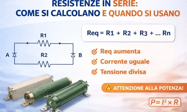 Schema di resistenze in serie con formula Req=R1+R2+...Rn. La resistenza elettrica totale aumenta, la corrente è uguale e la tensione si divide.