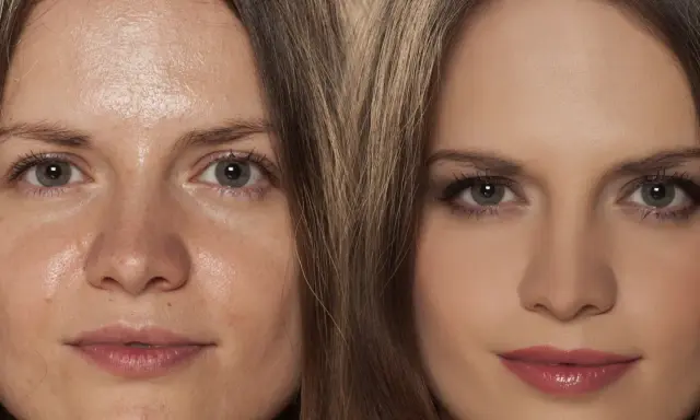 Porównanie twarzy: przed i po zastosowaniu makijażu na tłustą cerę.
