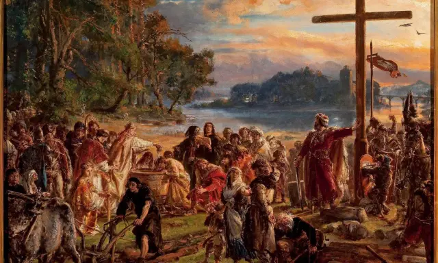 Chrzest Polski. Ludzie przy krzyżu, symbolizującym przyjęcie chrześcijaństwa, przypominają o misji, jaką mieli Cyryl i Metody, kim byli i co zrobili dla Słowian.