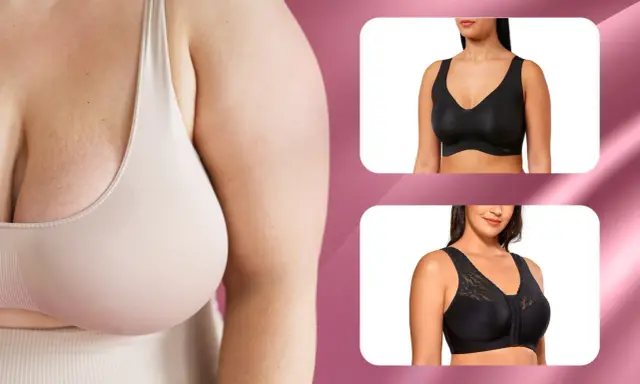 Un seno a campana valorizzato da un reggiseno beige. A destra, due modelli neri: uno liscio e uno con pizzo.