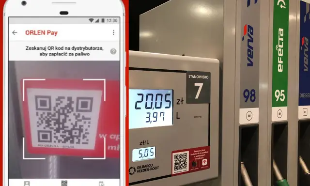 Aplikacja ORLEN Pay pokazuje kod QR do płatności za paliwo. Obok dystrybutor z cenami, sugerując, czy na Orlenie można płacić Blikiem.