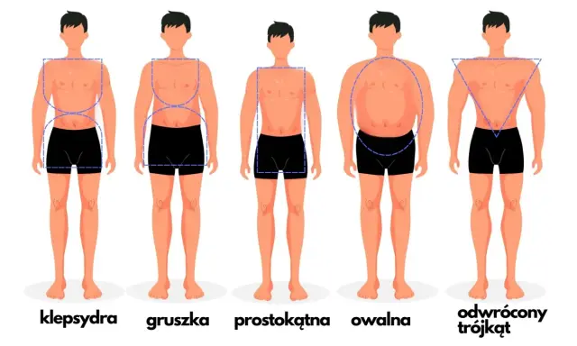 Ilustracja przedstawia różne typy figury męskiej: klepsydra, gruszka, prostokątna, owalna i odwrócony trójkąt.