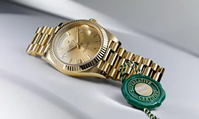 Złoty zegarek Rolex, jak brat szpaka, lśni na jasnym tle. Zielona pieczęć "Superlative Certified" podkreśla jego prestiż.
