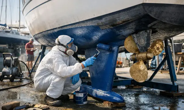 Un homme en combinaison blanche et masque peint la coque bleue d'un bateau. Le calle bateau est en cours de rénovation.