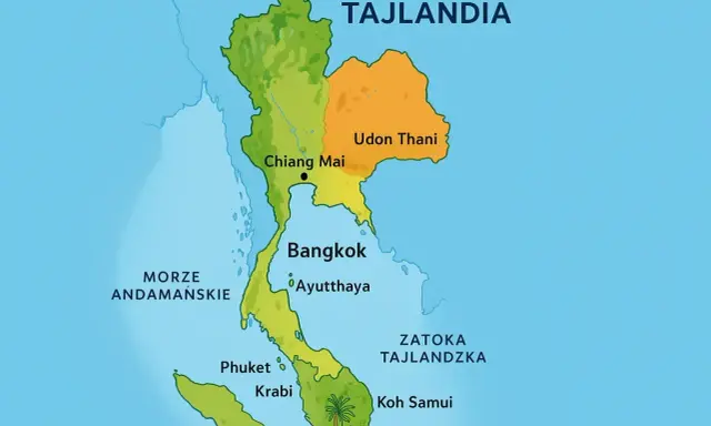 Mapa pokazuje, gdzie leży Tajlandia, z zaznaczonymi miastami jak Bangkok, Chiang Mai i wyspami Phuket i Koh Samui, otoczona Morzem Andamańskim i Zatoką Tajlandzką.