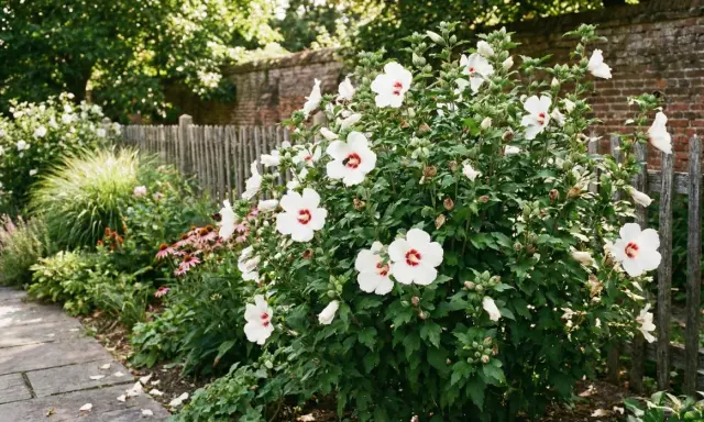 Krzew kwitnącego hibiskusa odmiany syriacus z białymi kwiatami i czerwonymi środkami, w letnim ogrodzie.