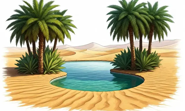 Un oasis de palmiers et d'eau bleue au milieu des dunes de sable. Un havre de paix dans le désert.