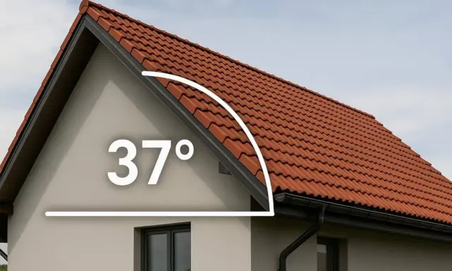 Dach o nachyleniu 37 stopni, pokryty czerwona dachówką. Liczba łat na m2 dachu zależy od typu dachówki.
