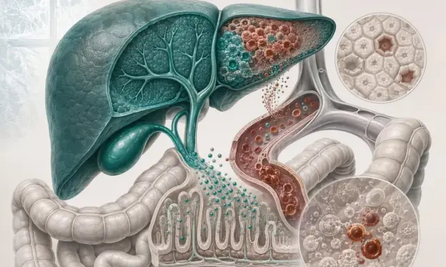 Fegato e intestino con dettagli di cellule, vasi sanguigni e un ingrandimento che mostra la mutazione G20210A.