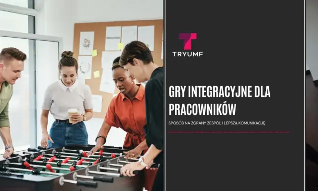 Zespół gra w piłkarzyki w biurze. Gry integracyjne dla pracowników to sposób na zgrany zespół i lepszą komunikację.