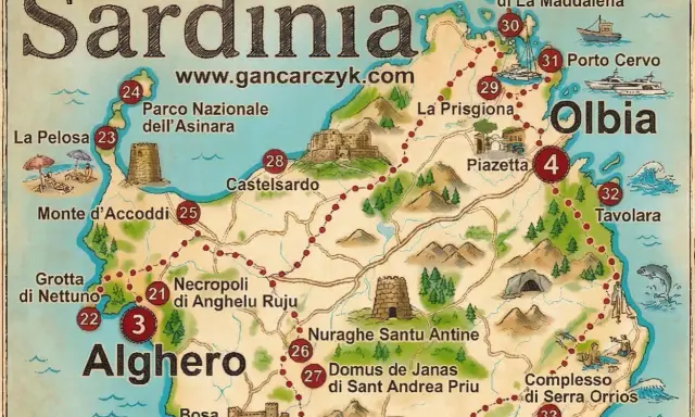Mapa Sardynii z zaznaczonymi atrakcjami: Alghero, Olbia, Porto Cervo. Idealna do planowania, co zobaczyć na Sardynii, blog podróżniczy.