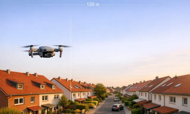 Eine Drohne fliegt über ein ruhiges Wohngebiet. Sie schwebt in 120 m Höhe über den roten Dächern und gepflegten Gärten.
