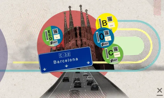 Pegatinas DGT (B, 0, C, ECO) y la Sagrada Familia indican quins cotxes poden entrar a Barcelona.