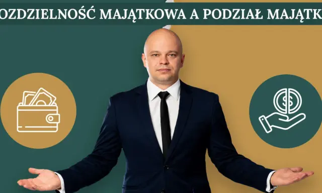 Mężczyzna w garniturze prezentuje symbole portfela i dłoni z monetą, sugerując rozdzielność majątkową i podział majątku.