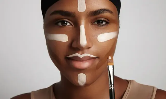 Mujer con líneas de maquillaje para **contouring cara**. Se ve un pincel en su mano.